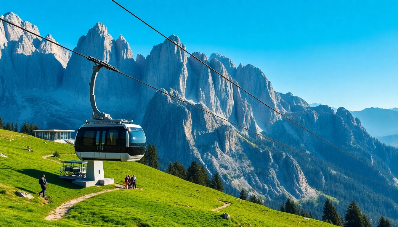Cabinovia estiva sulle Dolomiti con prati verdi e pareti rocciose