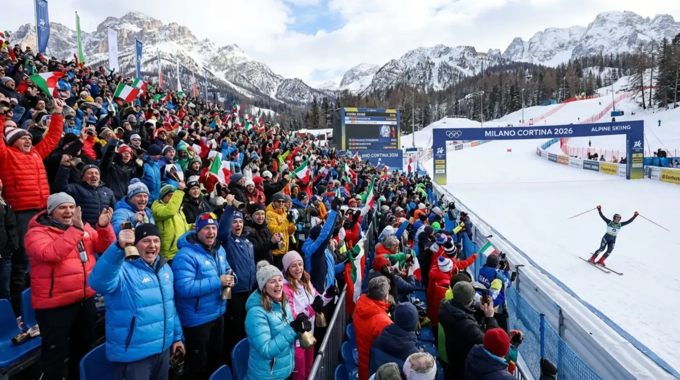 Zuschauer verfolgen olympische Skirennen in den Dolomiten
