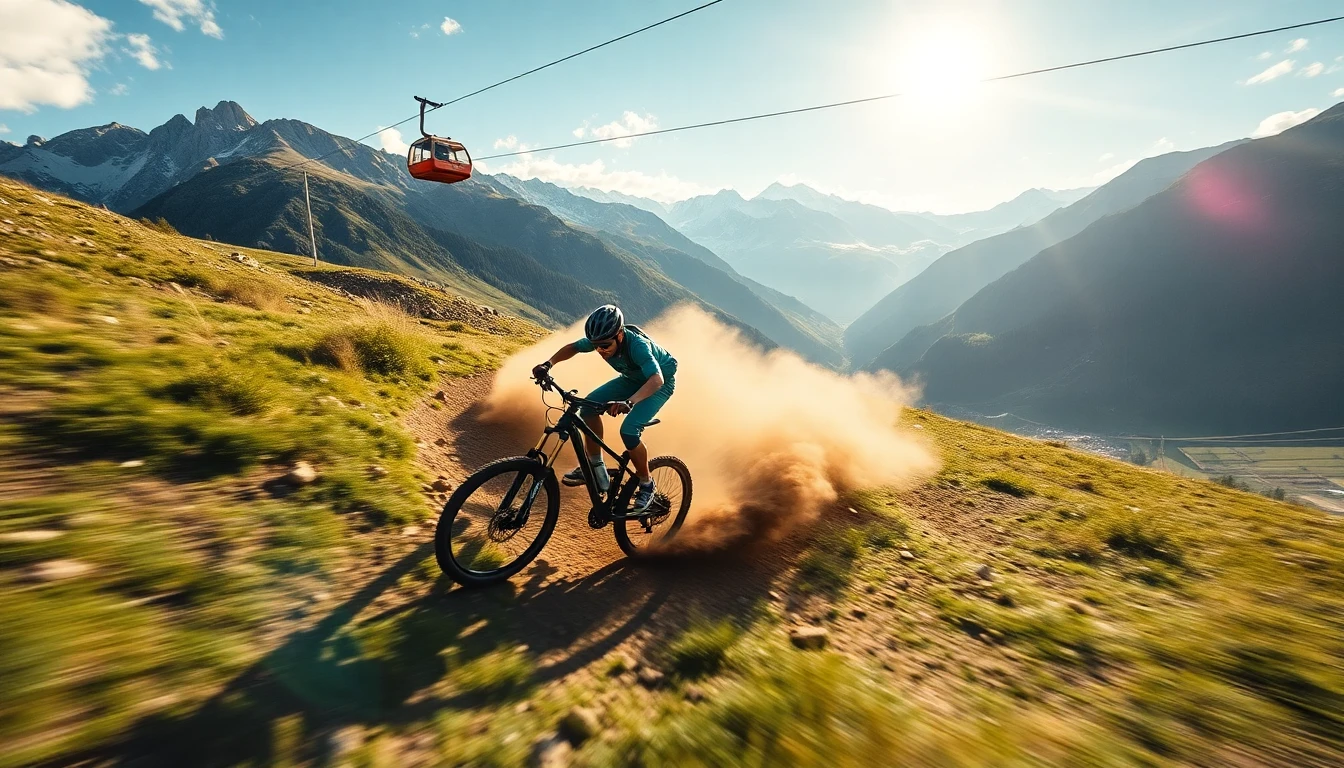 Mountain biker su sentiero alpino a Livigno con cabinovia sullo sfondo