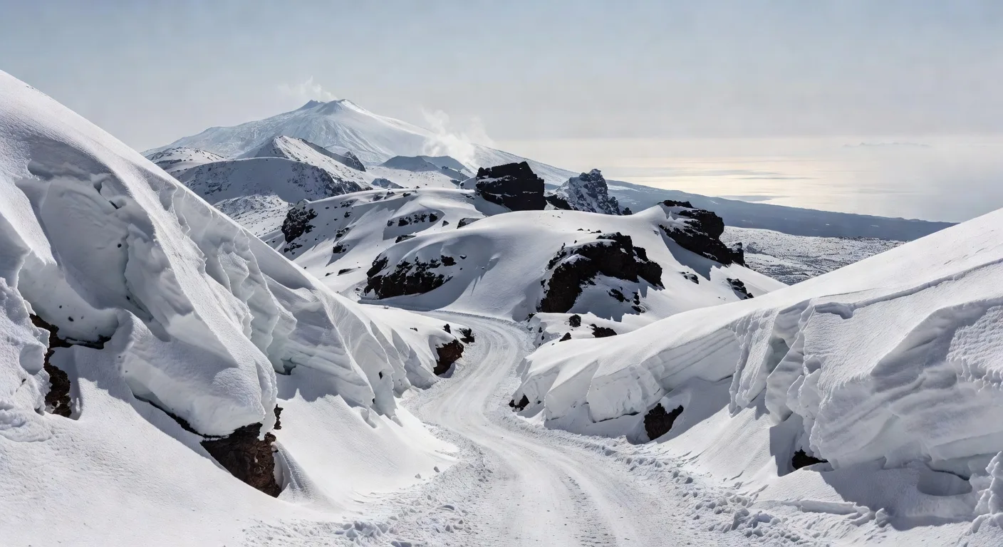 Etna innevato con alti muri di neve lungo una strada di quota e rocce laviche scure