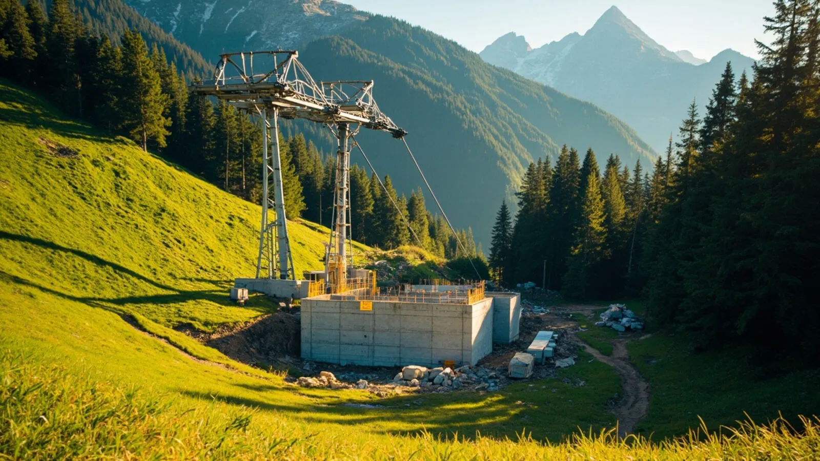 Cantiere di una cabinovia in montagna d'estate con sostegni montati e stazione a valle in costruzione