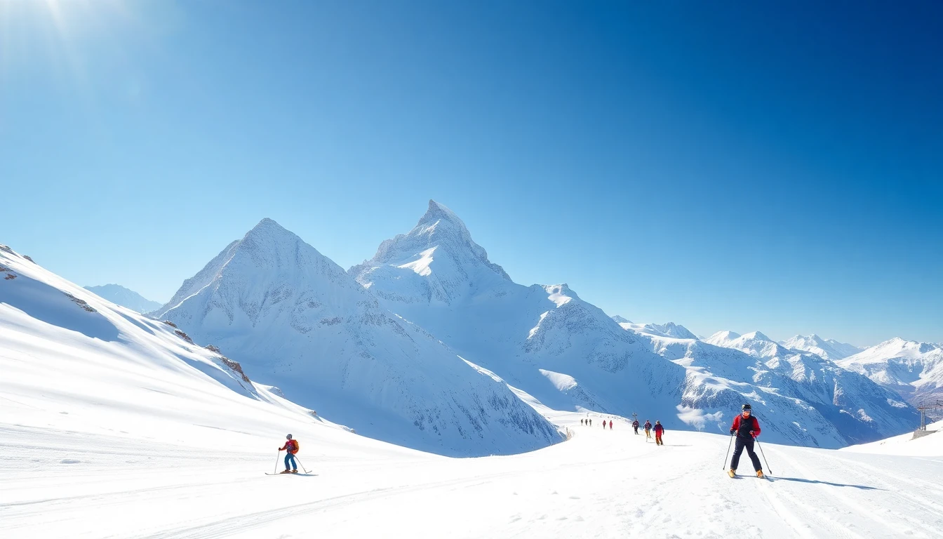 Sciatori su ghiacciaio estivo a Plateau Rosa con vette alpine