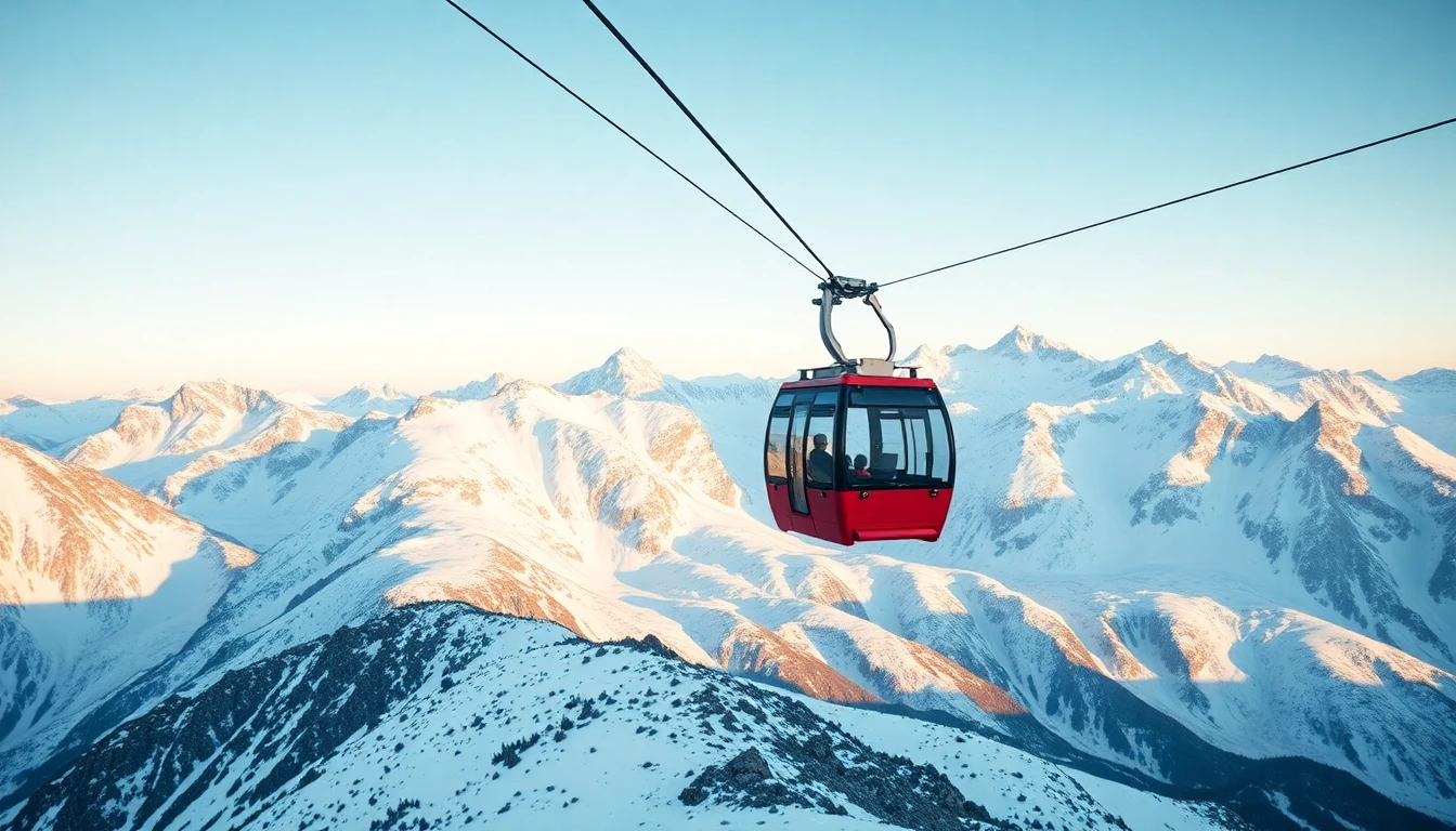 Cabina rossa sul ghiacciaio Presena con montagne innevate