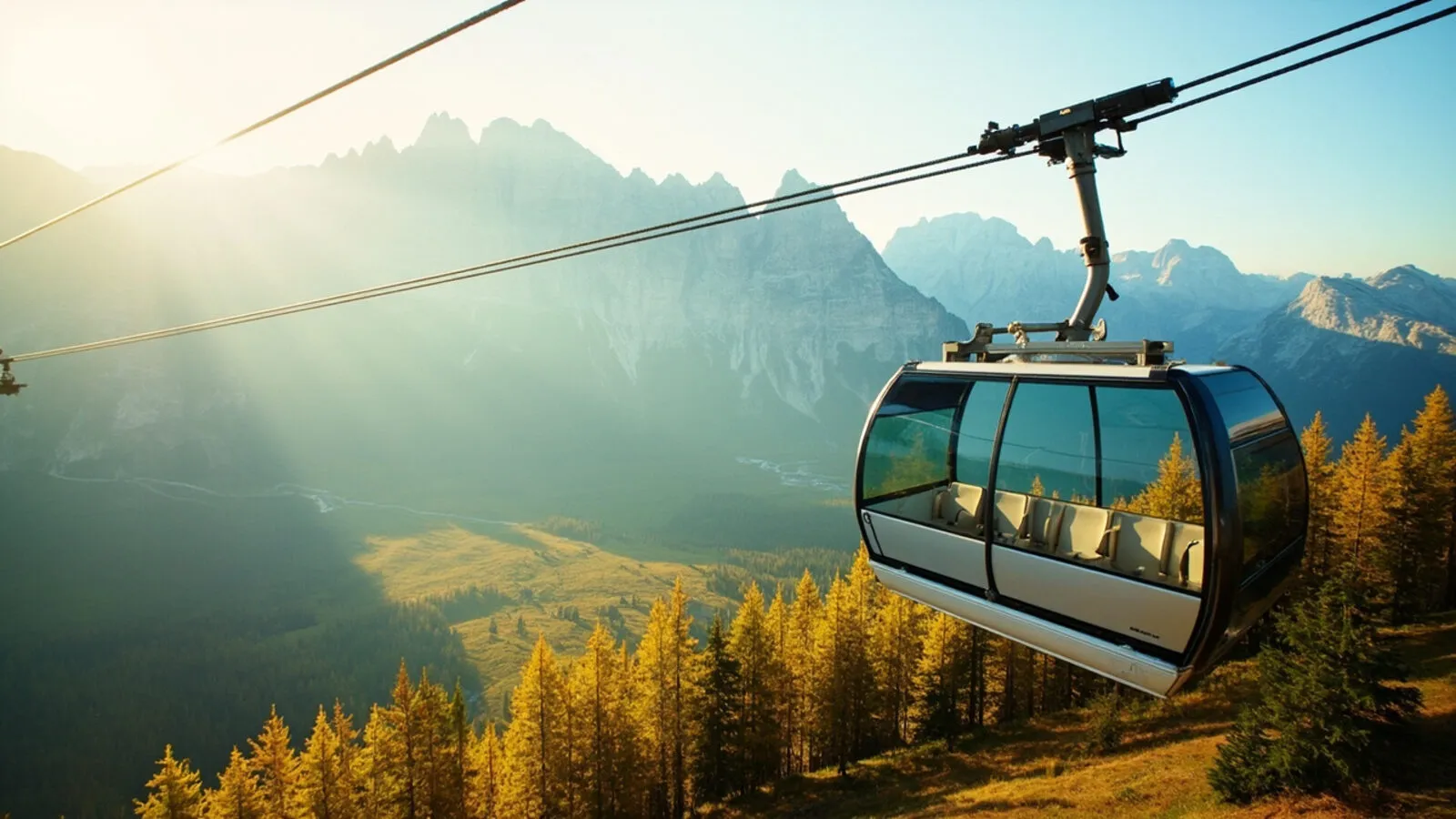Cabinovia a dieci posti in salita tra boschi e pascoli con le Pale di San Martino sullo sfondo