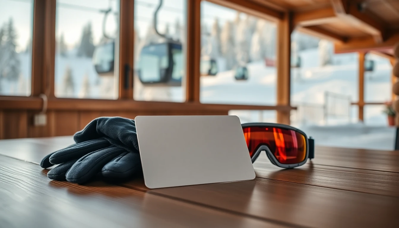 Tessera skipass bianca su tavolo con guanti e impianti sullo sfondo