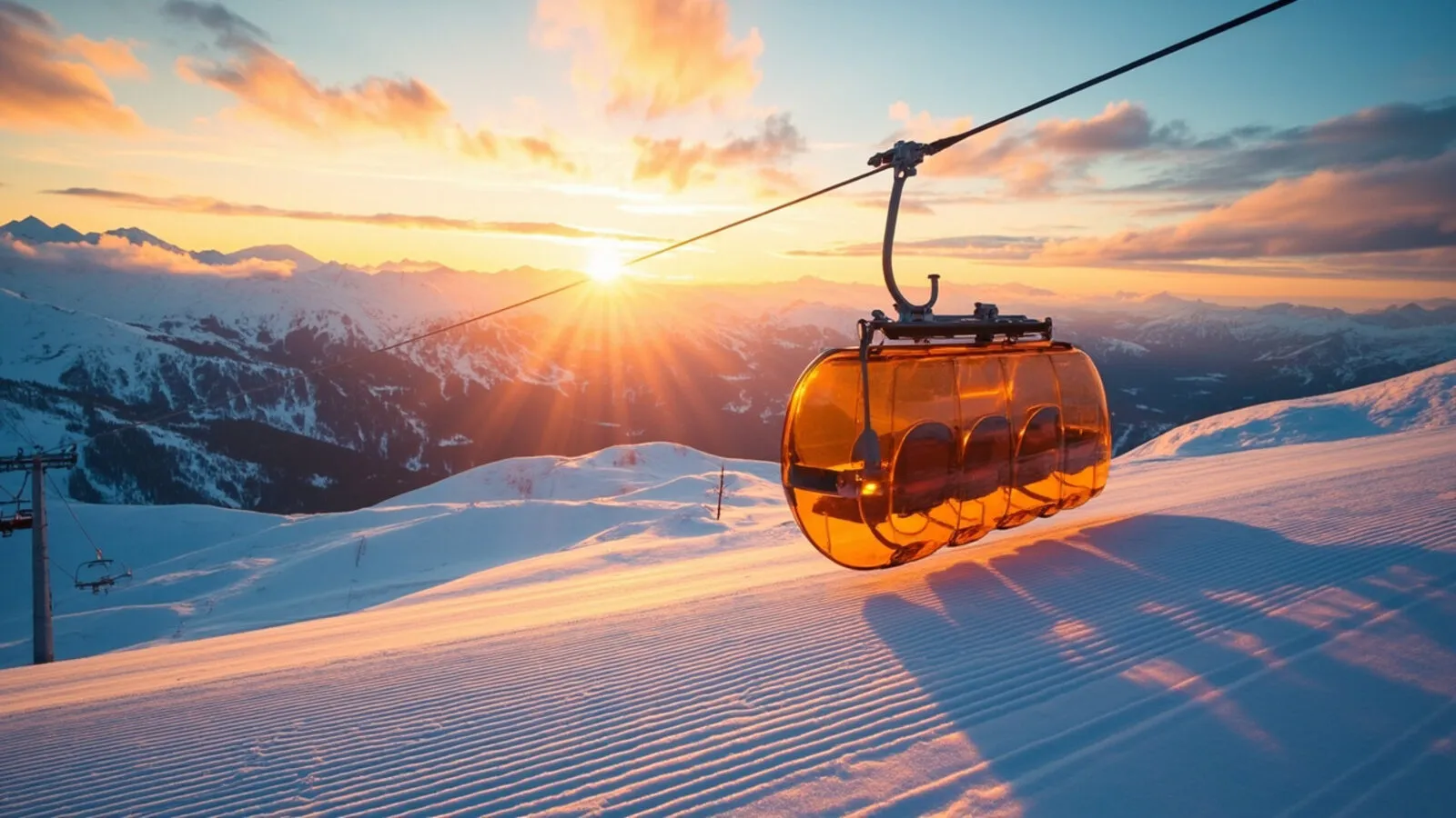 Seggiovia in funzione sulle piste di Sestriere con il sole basso e le montagne della Via Lattea