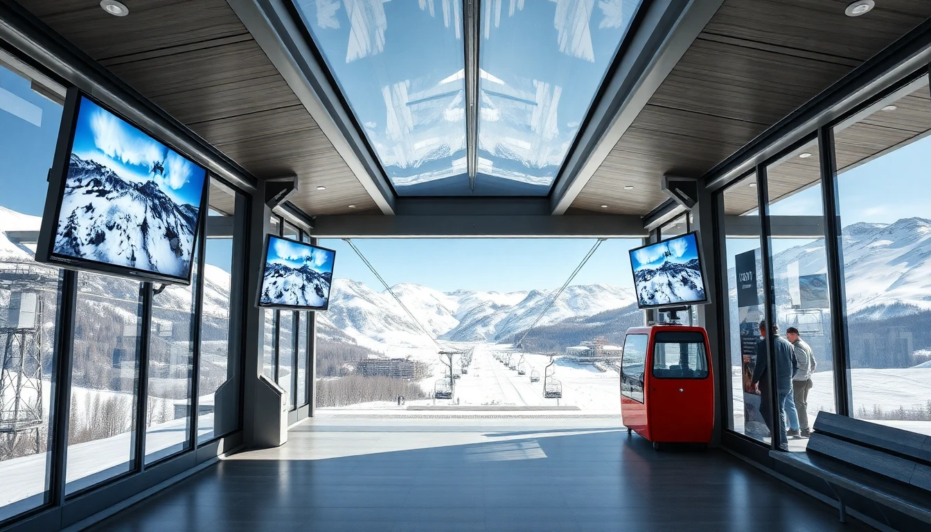 Sala panoramica con monitor webcam neve e funivia alpina